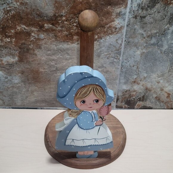 Vintage Wooden Paper Towel Holder Girl Holding Flower Blue Bonnet Dress - Picture 2 of 10